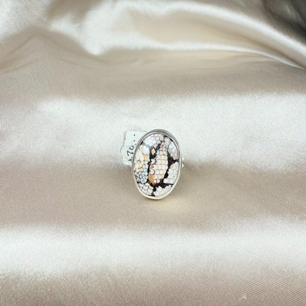 Artisan Silver Ring With Oval Snake Skin Agate Natural Gemstone Jewelry Size 6.5